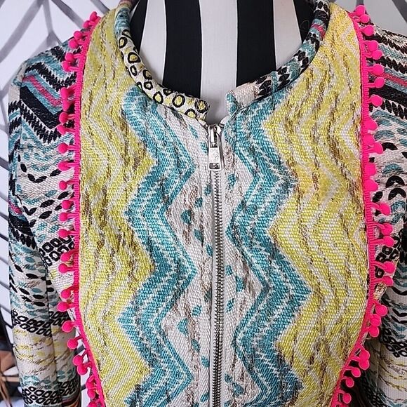 Holly Bracken Womens Blazer Jacket Sz Small Yellow Blue Chevron Print Zip Front - Picture 3 of 12